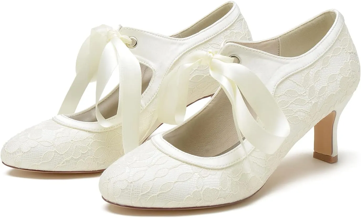 Women's Lace Wedding Shoes for Bride Block Heels Mary Jane Low Heels Bridal Shoes Evening Prom Party Dress Shoes Pumps 36862-555