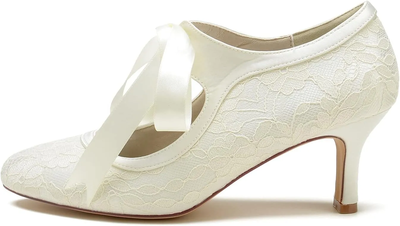 Women's Lace Wedding Shoes for Bride Block Heels Mary Jane Low Heels Bridal Shoes Evening Prom Party Dress Shoes Pumps 36862-555