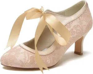 Women's Lace Wedding Shoes for Bride Block Heels Mary Jane Low Heels Bridal Shoes Evening Prom Party Dress Shoes Pumps 36862-555