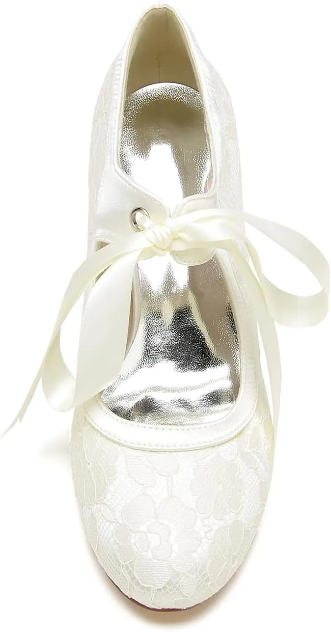 Women's Lace Wedding Shoes for Bride Block Heels Mary Jane Low Heels Bridal Shoes Evening Prom Party Dress Shoes Pumps 36862-555