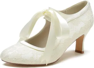 Women's Lace Wedding Shoes for Bride Block Heels Mary Jane Low Heels Bridal Shoes Evening Prom Party Dress Shoes Pumps 36862-555