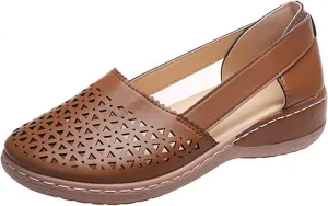 Women's Leather Baotou Hollow Wedge Sandals,Summer Round Closed Toe Low Heel Sandals,Comfortable Breathable Elastic Sandals.