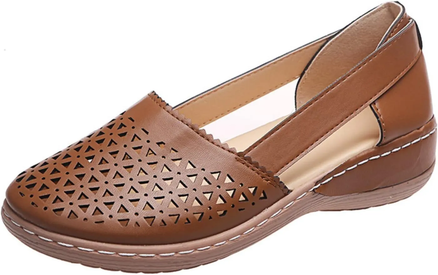 Women's Leather Baotou Hollow Wedge Sandals,Summer Round Closed Toe Low Heel Sandals,Comfortable Breathable Elastic Sandals.