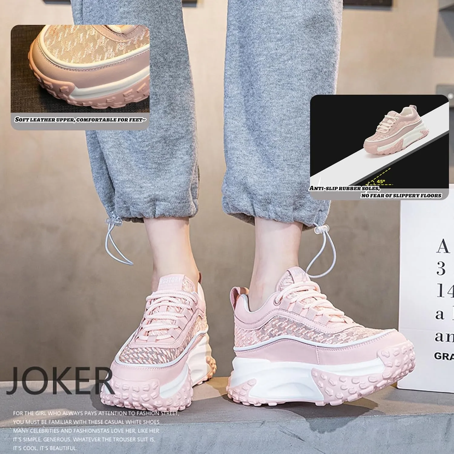Women's Leather Breathable Casual Sneakers,Lace-Up Platform Sneakers,Anti-Slip Shock Absorbing Heighten Fashion Running Sneakers