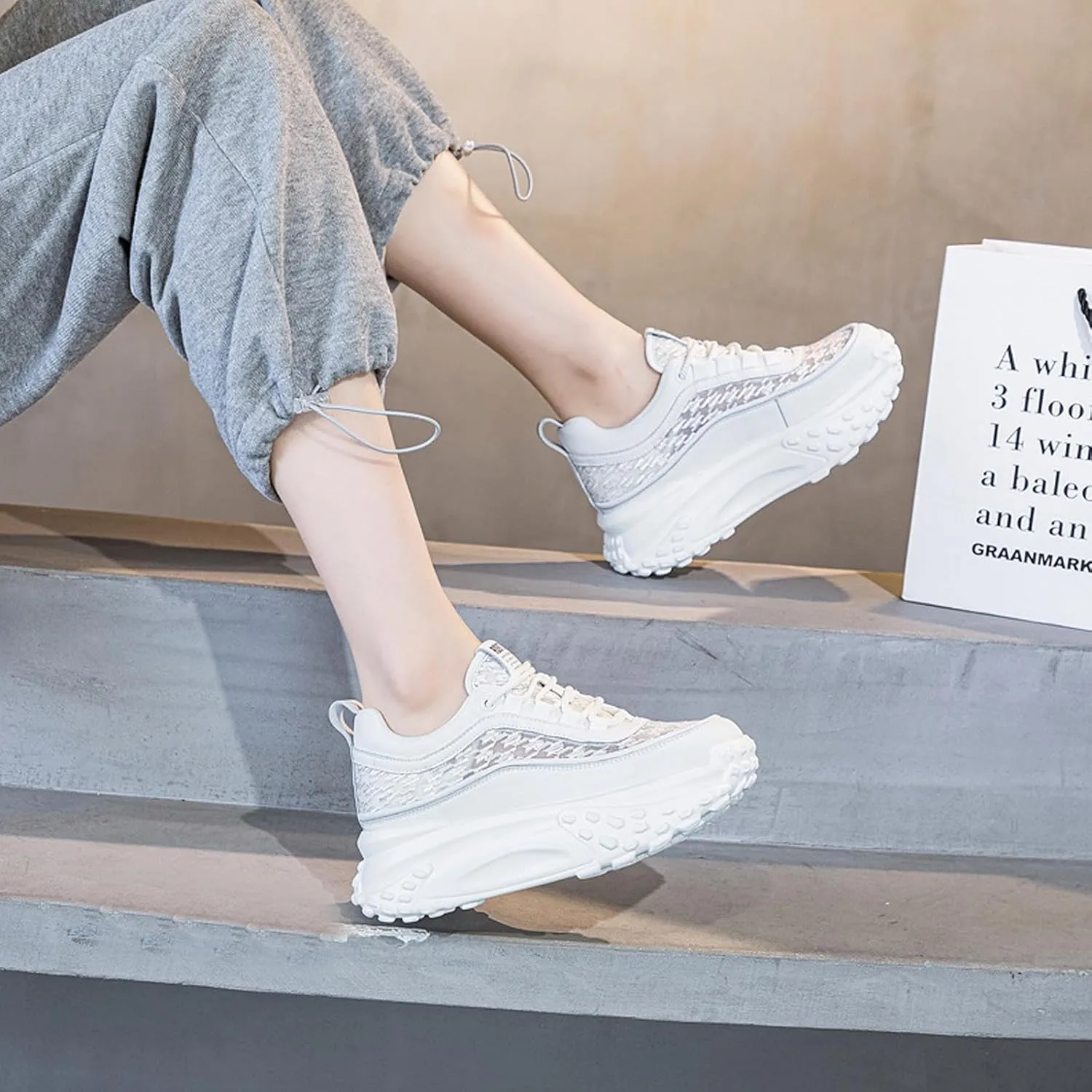 Women's Leather Breathable Casual Sneakers,Lace-Up Platform Sneakers,Anti-Slip Shock Absorbing Heighten Fashion Running Sneakers
