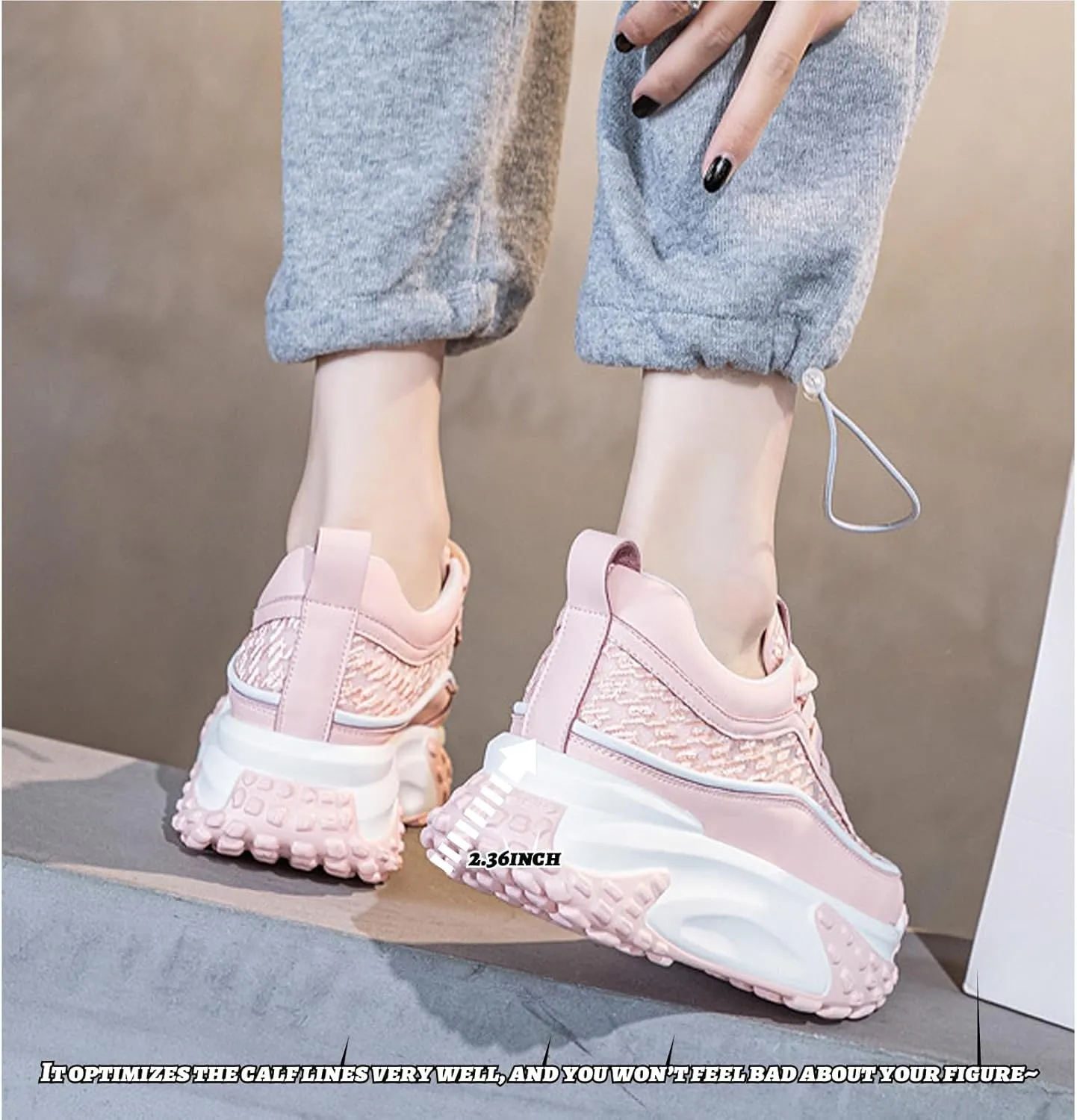 Women's Leather Breathable Casual Sneakers,Lace-Up Platform Sneakers,Anti-Slip Shock Absorbing Heighten Fashion Running Sneakers