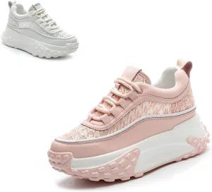 Women's Leather Breathable Casual Sneakers,Lace-Up Platform Sneakers,Anti-Slip Shock Absorbing Heighten Fashion Running Sneakers