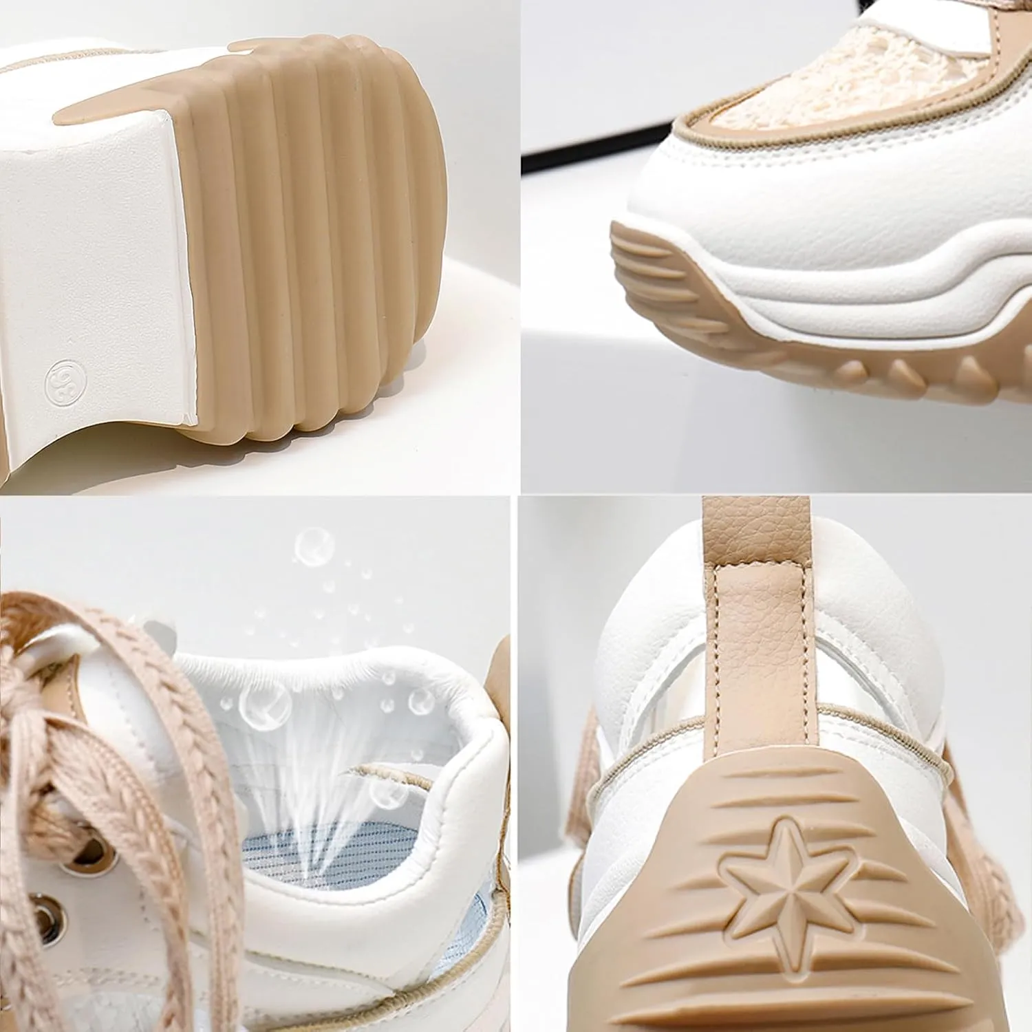 Women's Leather Hollow Increasing Platform Casual Sneakers Lace Up Non-Slip Shock Absorbing Heighten Hiking Shoes Summer Fashion Round Toe Breathable Dad Shoes