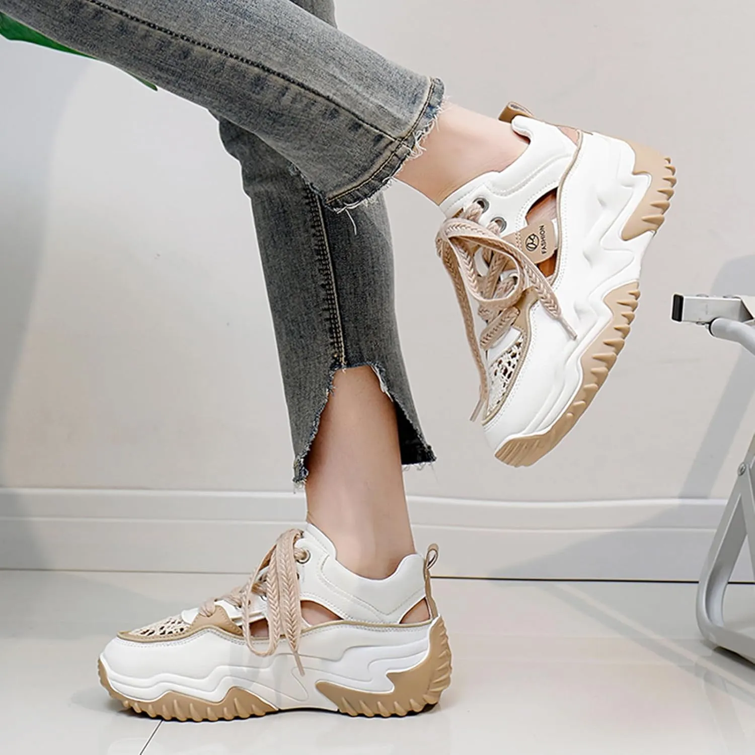 Women's Leather Hollow Increasing Platform Casual Sneakers Lace Up Non-Slip Shock Absorbing Heighten Hiking Shoes Summer Fashion Round Toe Breathable Dad Shoes