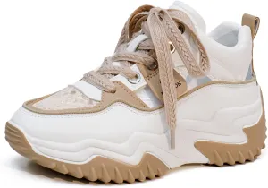 Women's Leather Hollow Increasing Platform Casual Sneakers Lace Up Non-Slip Shock Absorbing Heighten Hiking Shoes Summer Fashion Round Toe Breathable Dad Shoes