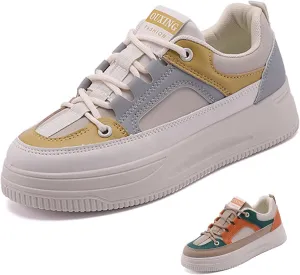 Women's Leather Platform Lace Up Sneakers Fashion Round Toe Colorblock Slip-On Low Top Tennis Shoes Comfortable Non-Slip Wear-Resistant Walking Shoes