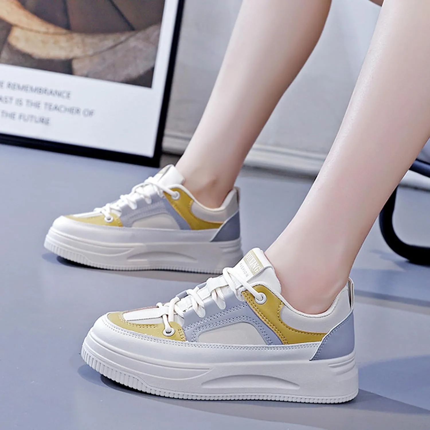 Women's Leather Platform Lace Up Sneakers Fashion Round Toe Colorblock Slip-On Low Top Tennis Shoes Comfortable Non-Slip Wear-Resistant Walking Shoes