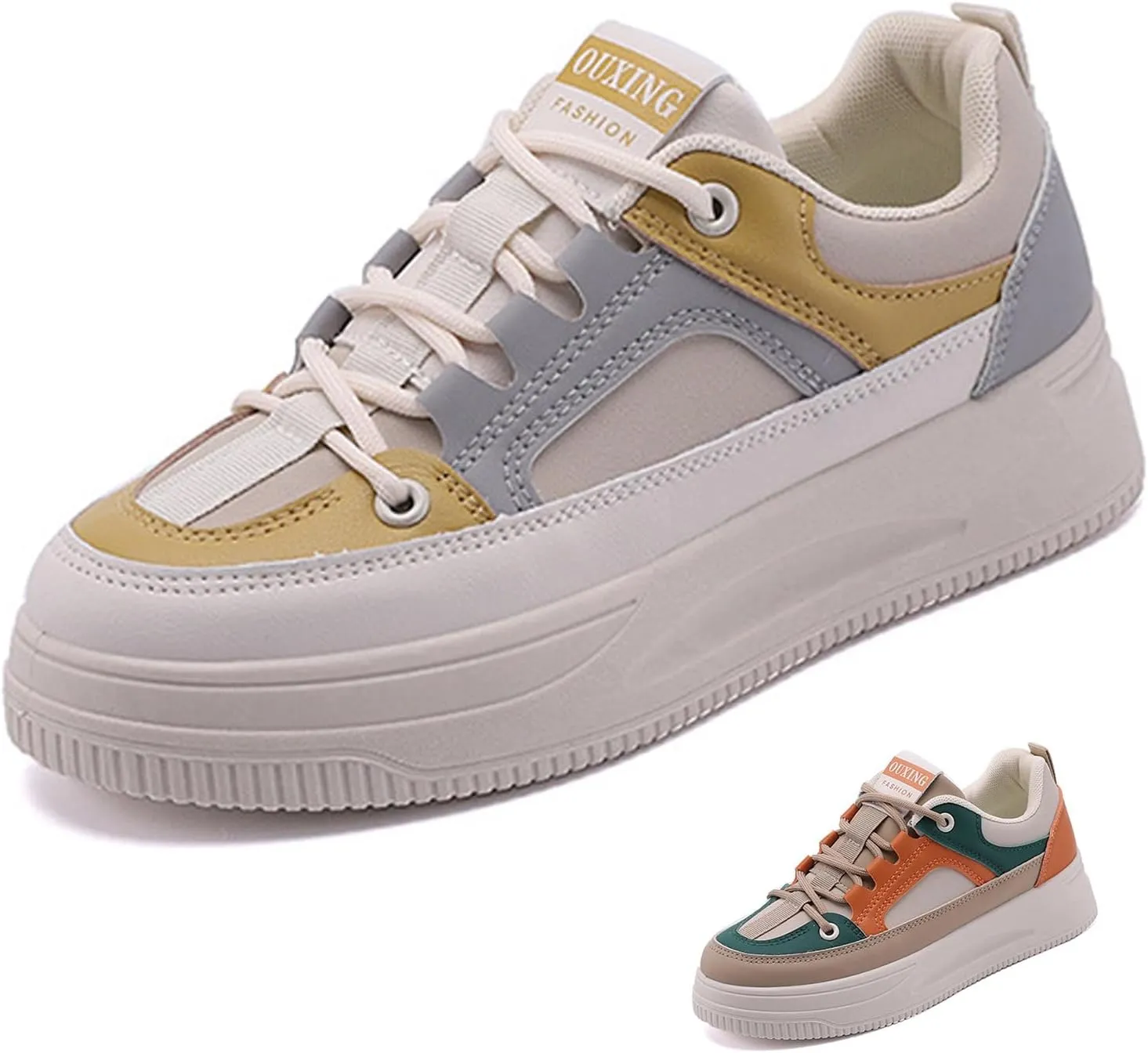 Women's Leather Platform Lace Up Sneakers Fashion Round Toe Colorblock Slip-On Low Top Tennis Shoes Comfortable Non-Slip Wear-Resistant Walking Shoes