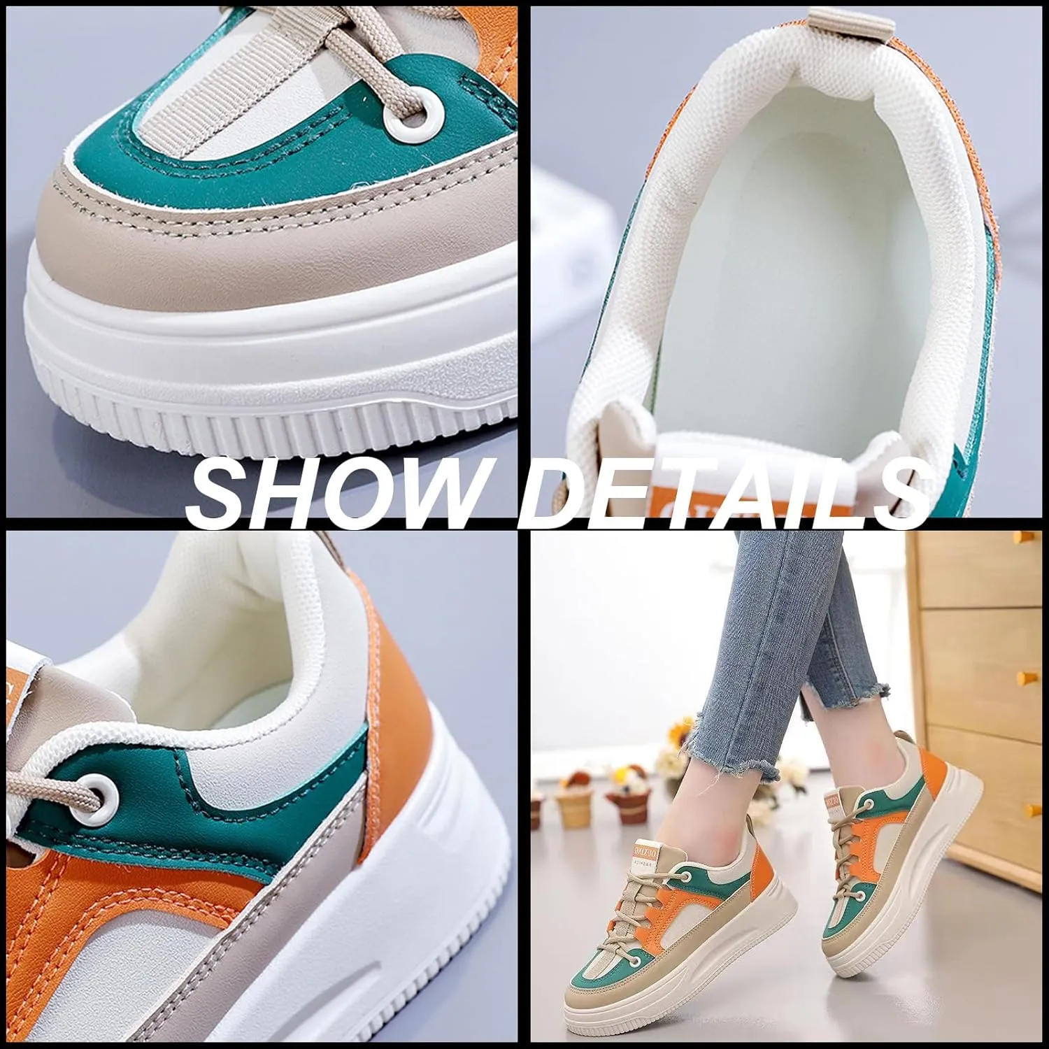 Women's Leather Platform Lace Up Sneakers Fashion Round Toe Colorblock Slip-On Low Top Tennis Shoes Comfortable Non-Slip Wear-Resistant Walking Shoes