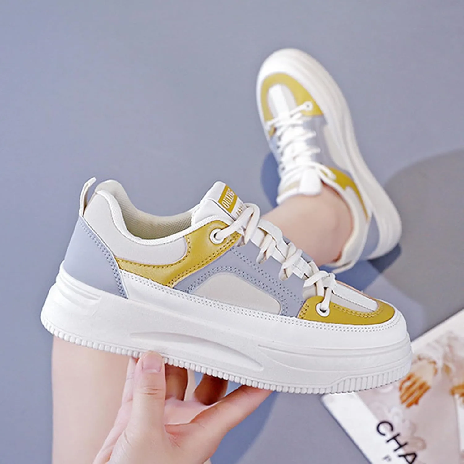 Women's Leather Platform Lace Up Sneakers Fashion Round Toe Colorblock Slip-On Low Top Tennis Shoes Comfortable Non-Slip Wear-Resistant Walking Shoes