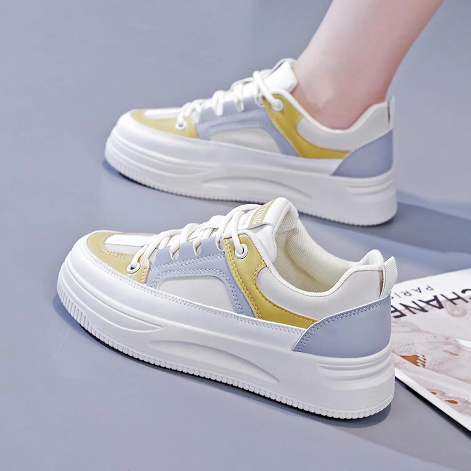 Women's Leather Platform Lace Up Sneakers Fashion Round Toe Colorblock Slip-On Low Top Tennis Shoes Comfortable Non-Slip Wear-Resistant Walking Shoes