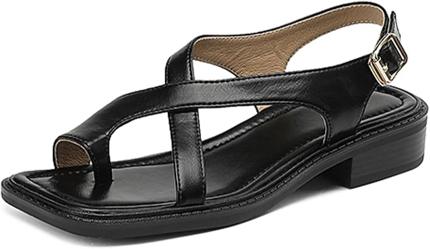 Women's Leather Toe Ring Ankle Buckle Sandals Fashion Crossover Strap Retro Square Toe Low Heel Sandals Dressy Summer Roman Shoes