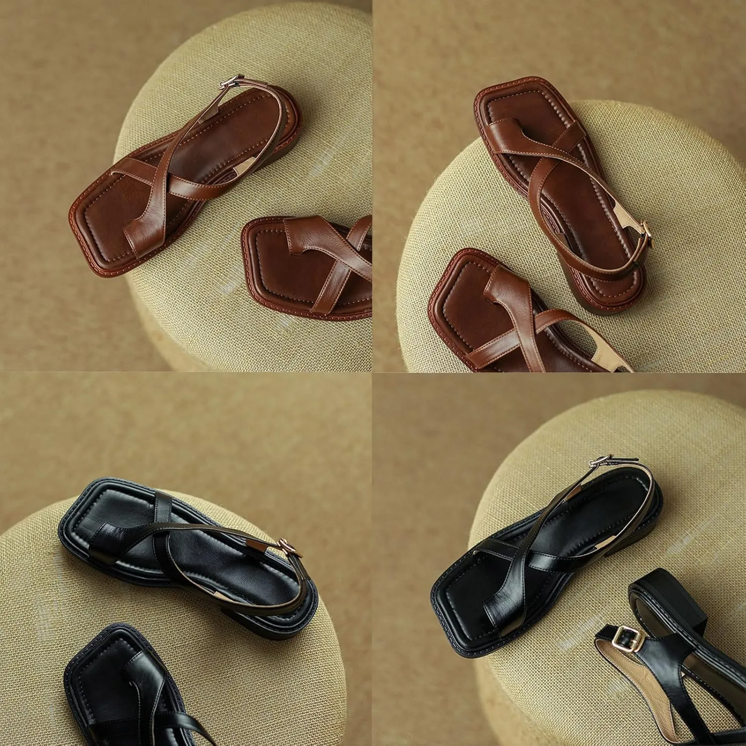 Women's Leather Toe Ring Ankle Buckle Sandals Fashion Crossover Strap Retro Square Toe Low Heel Sandals Dressy Summer Roman Shoes