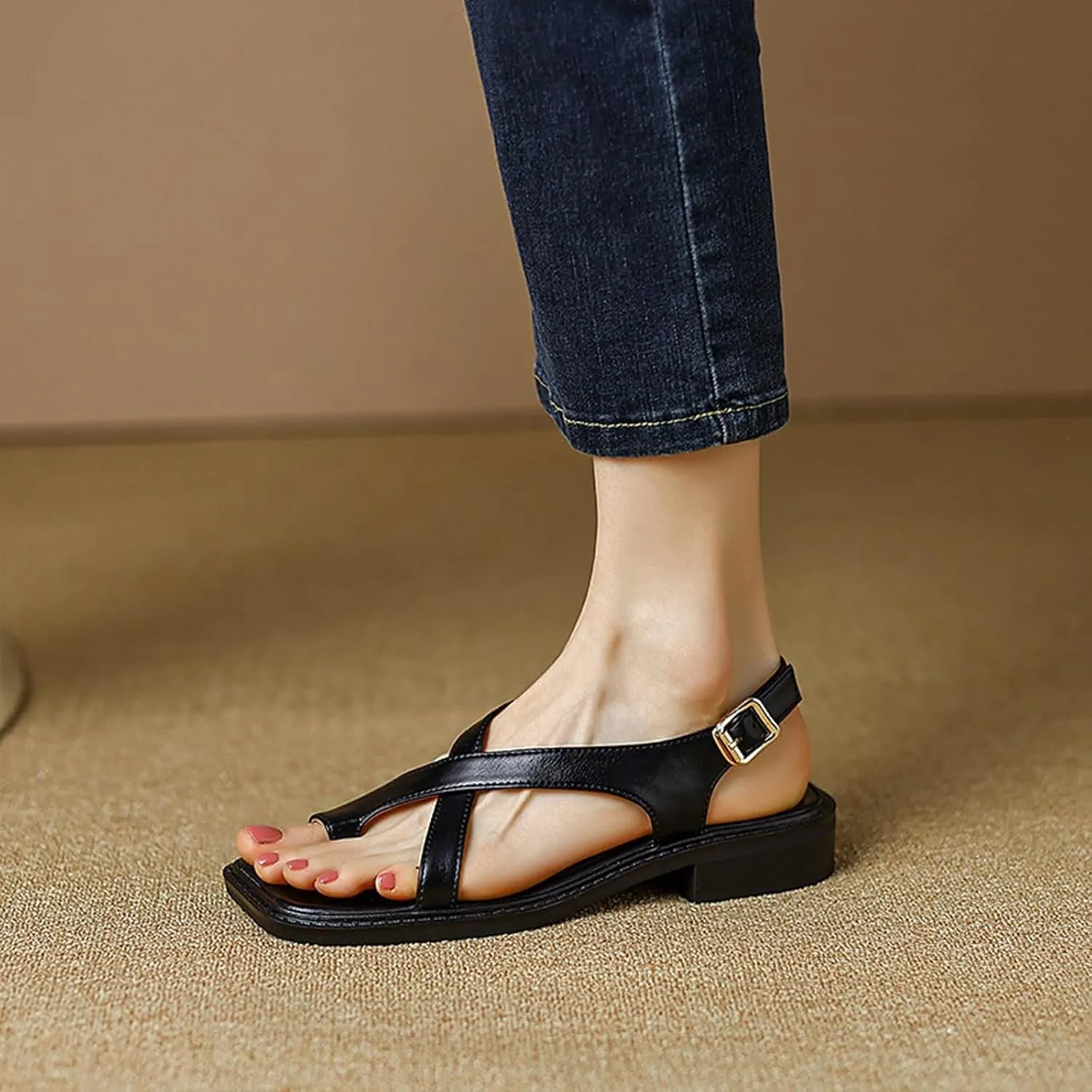 Women's Leather Toe Ring Ankle Buckle Sandals Fashion Crossover Strap Retro Square Toe Low Heel Sandals Dressy Summer Roman Shoes