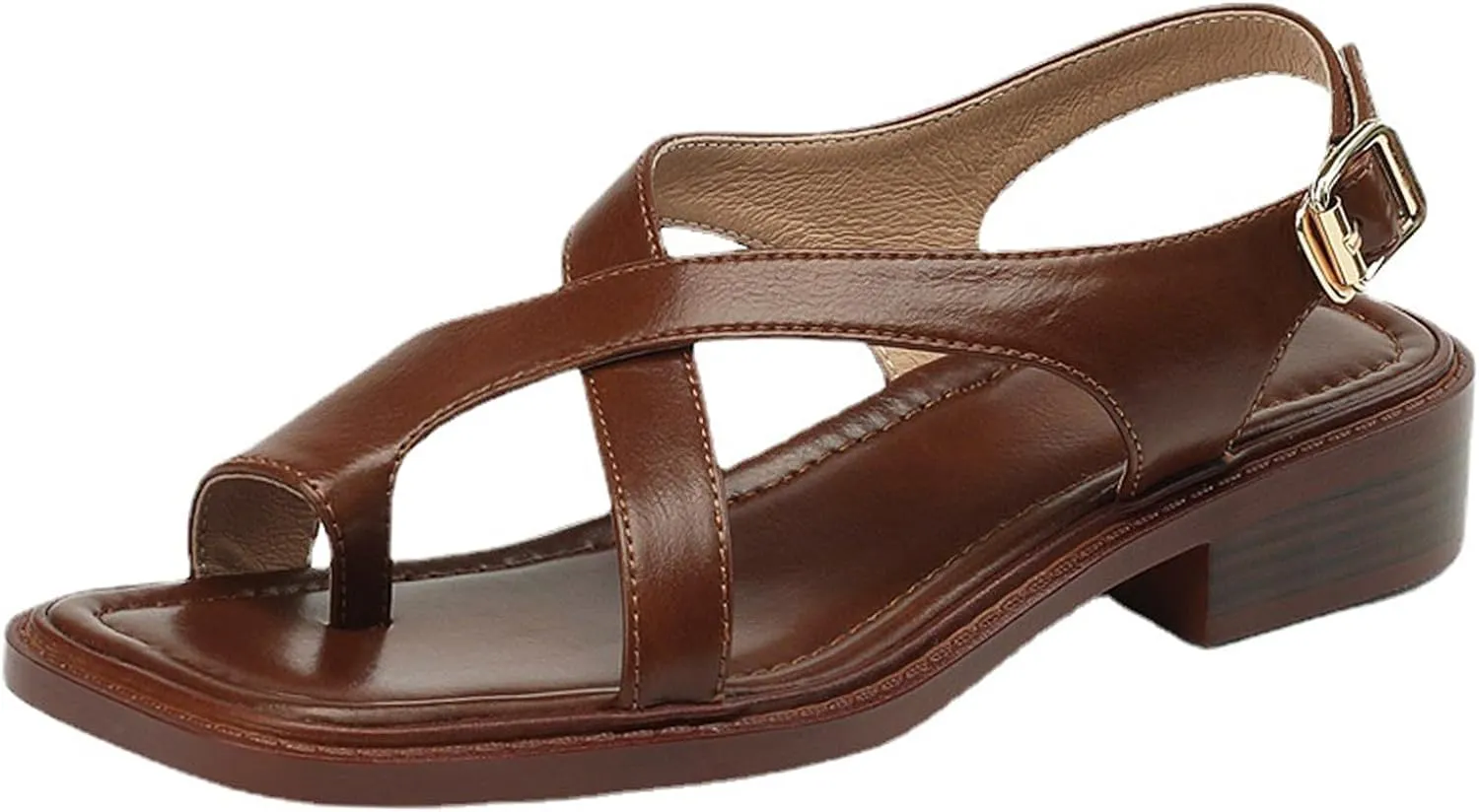 Women's Leather Toe Ring Ankle Buckle Sandals Fashion Crossover Strap Retro Square Toe Low Heel Sandals Dressy Summer Roman Shoes