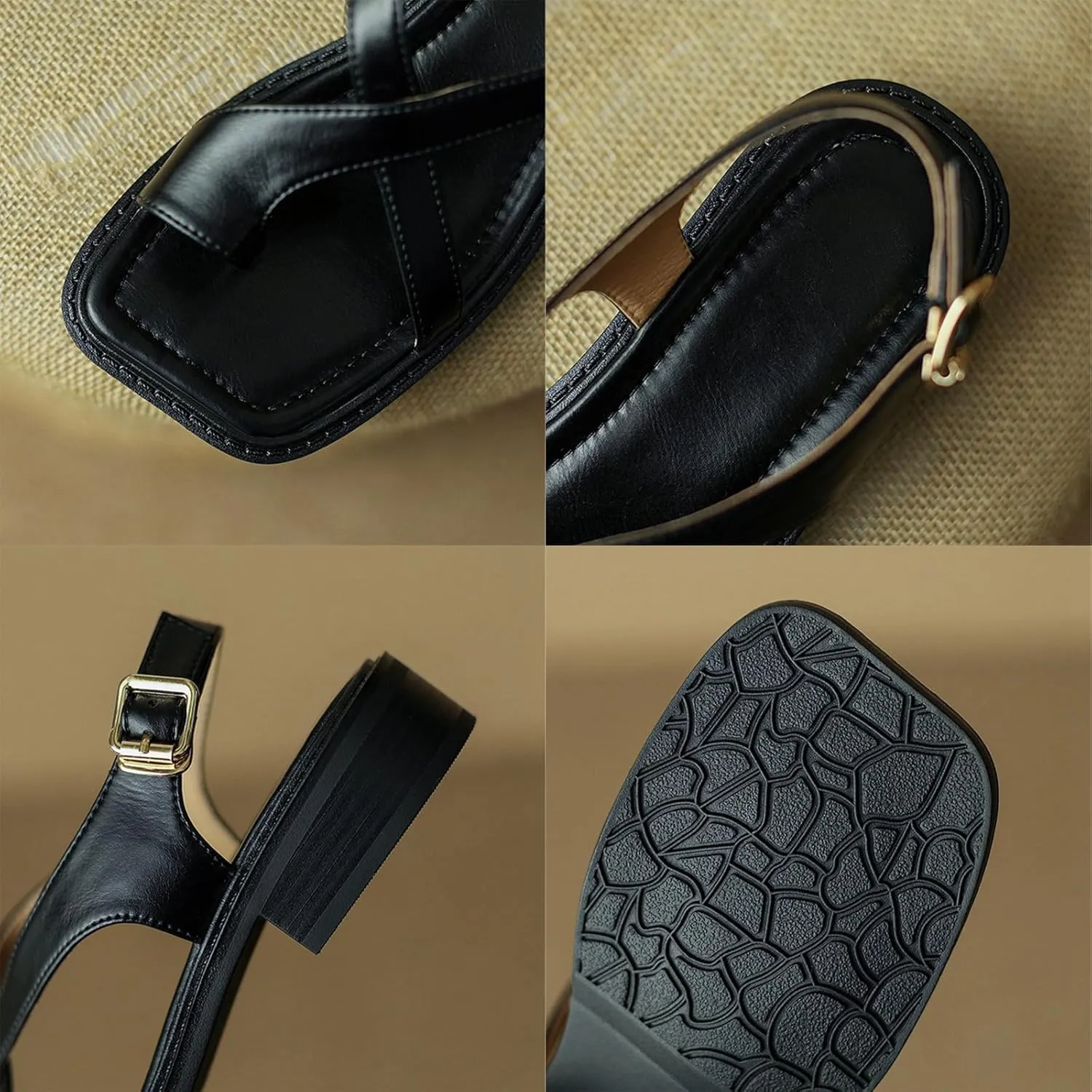 Women's Leather Toe Ring Ankle Buckle Sandals Fashion Crossover Strap Retro Square Toe Low Heel Sandals Dressy Summer Roman Shoes