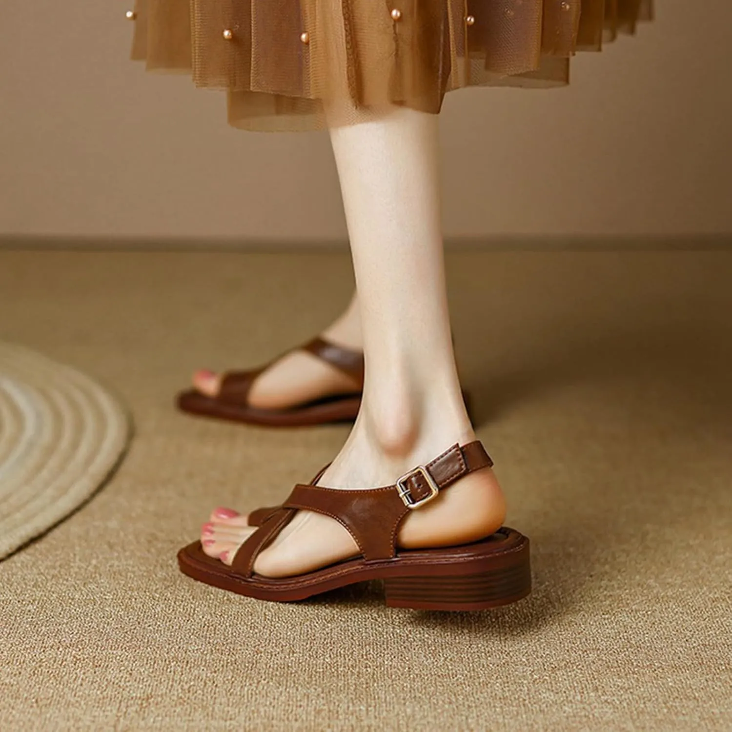 Women's Leather Toe Ring Ankle Buckle Sandals Fashion Crossover Strap Retro Square Toe Low Heel Sandals Dressy Summer Roman Shoes