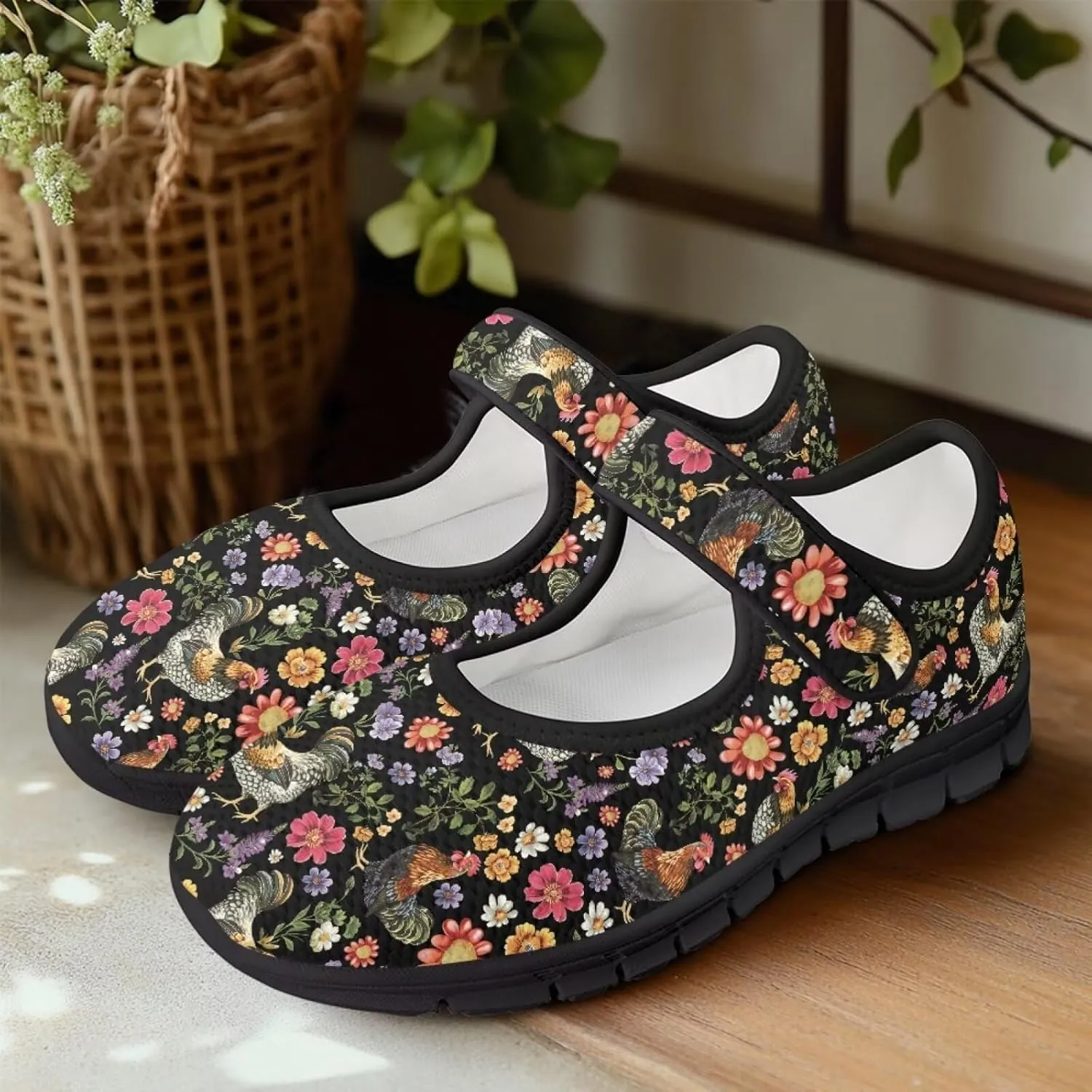 Womens Mary Jane Shoes Sneaker Animals Pattern Non Slip Lightweight Shoes with Magic Sticker for Walking