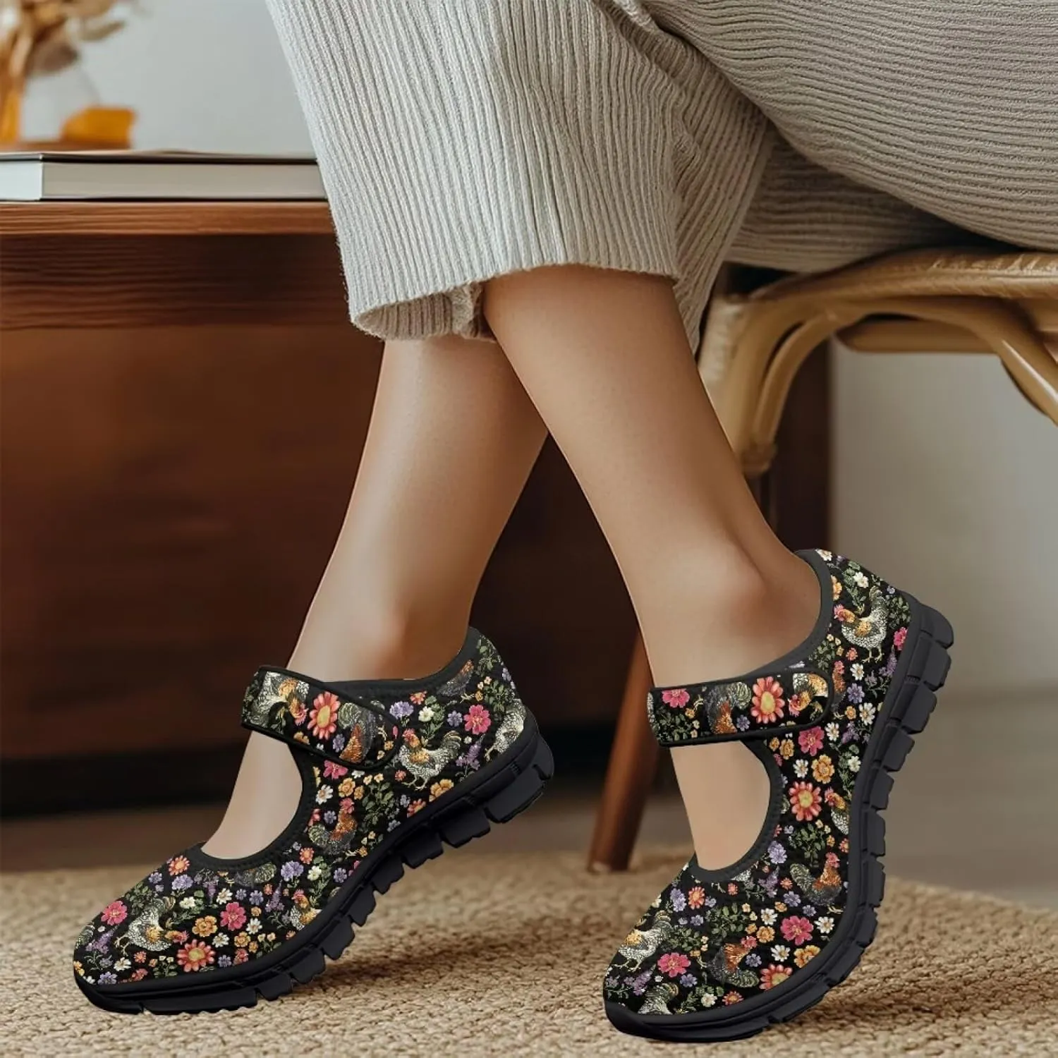 Womens Mary Jane Shoes Sneaker Animals Pattern Non Slip Lightweight Shoes with Magic Sticker for Walking