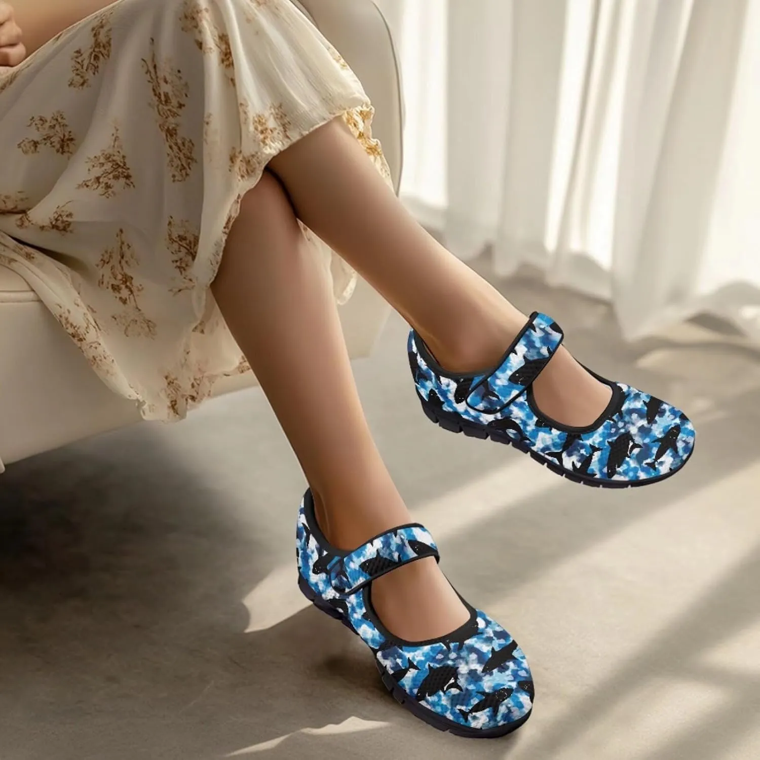 Womens Mary Jane Shoes with Magic Sticker Anti-Slip Lightweight Sneaker,Animal Pattern