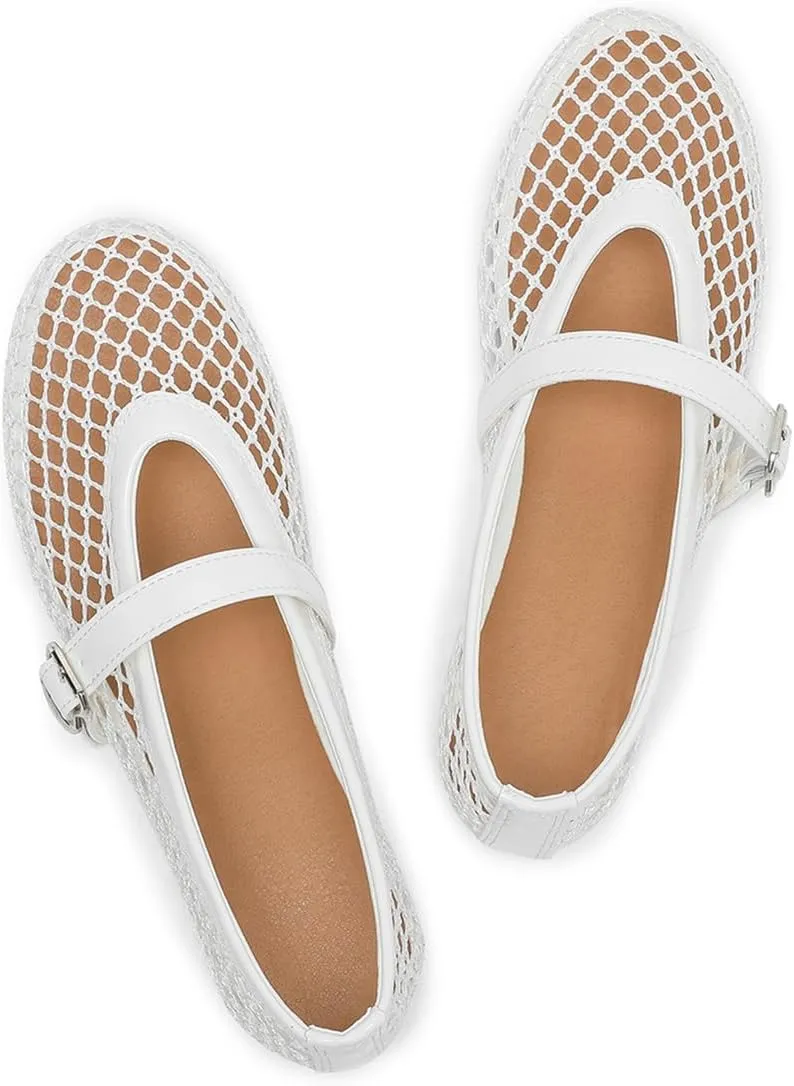Women's Mesh Ballet Flats Causal Daily Dress Shoes Fishnet Ballerina Flats Buckle Strap Mary Jane Flats
