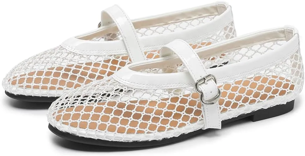 Women's Mesh Ballet Flats Causal Daily Dress Shoes Fishnet Ballerina Flats Buckle Strap Mary Jane Flats