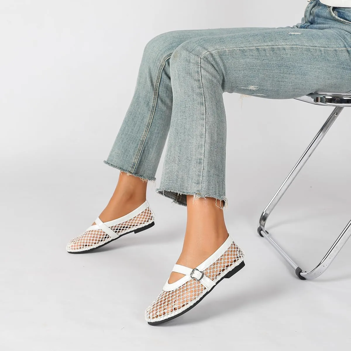 Women's Mesh Ballet Flats Causal Daily Dress Shoes Fishnet Ballerina Flats Buckle Strap Mary Jane Flats
