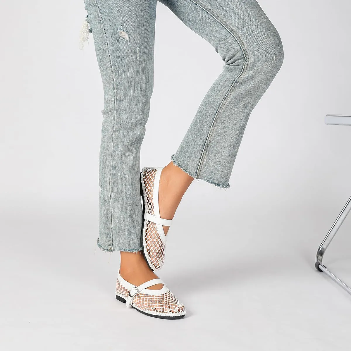 Women's Mesh Ballet Flats Causal Daily Dress Shoes Fishnet Ballerina Flats Buckle Strap Mary Jane Flats
