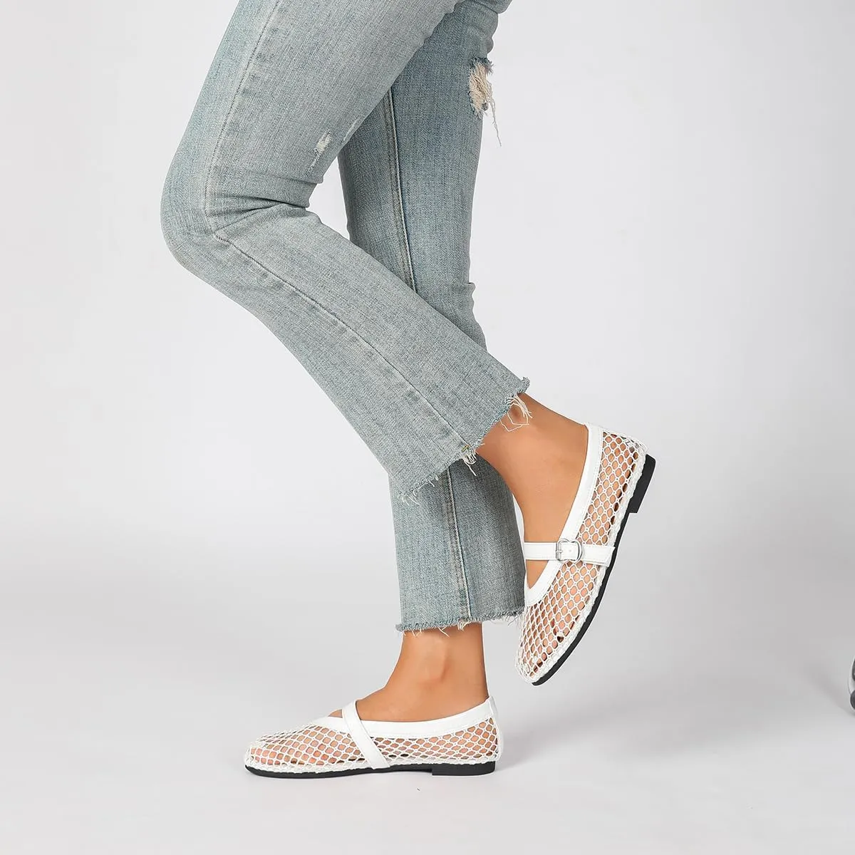 Women's Mesh Ballet Flats Causal Daily Dress Shoes Fishnet Ballerina Flats Buckle Strap Mary Jane Flats