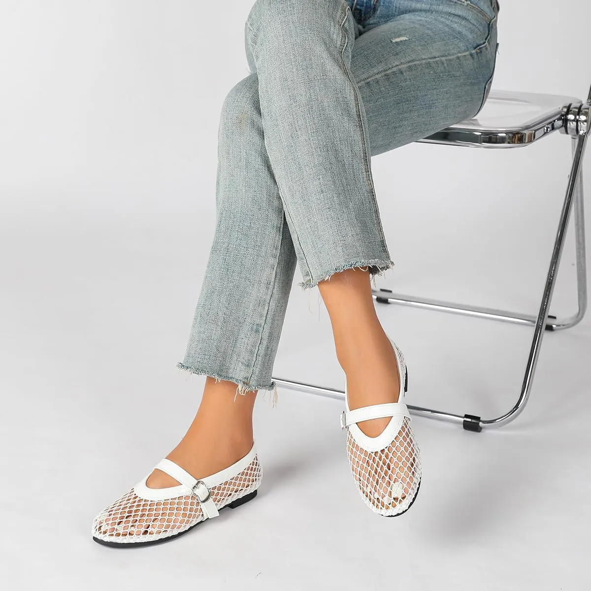 Women's Mesh Ballet Flats Causal Daily Dress Shoes Fishnet Ballerina Flats Buckle Strap Mary Jane Flats