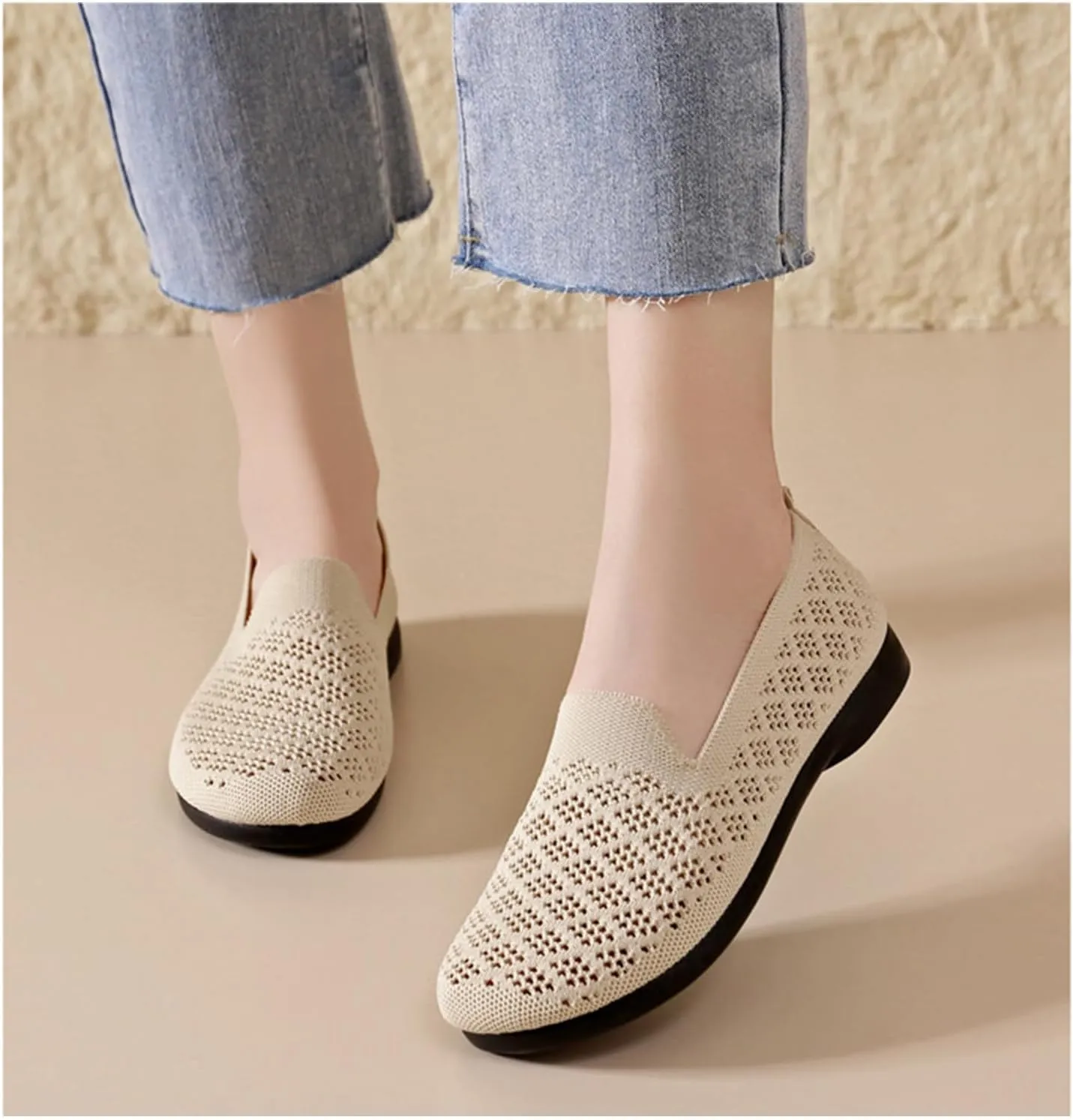Women's Mesh Cutout Cloth Flats Loafer Shoes Round Toe Comfort Breathable Casual Slip On Walking Shoes for Flexible Workout