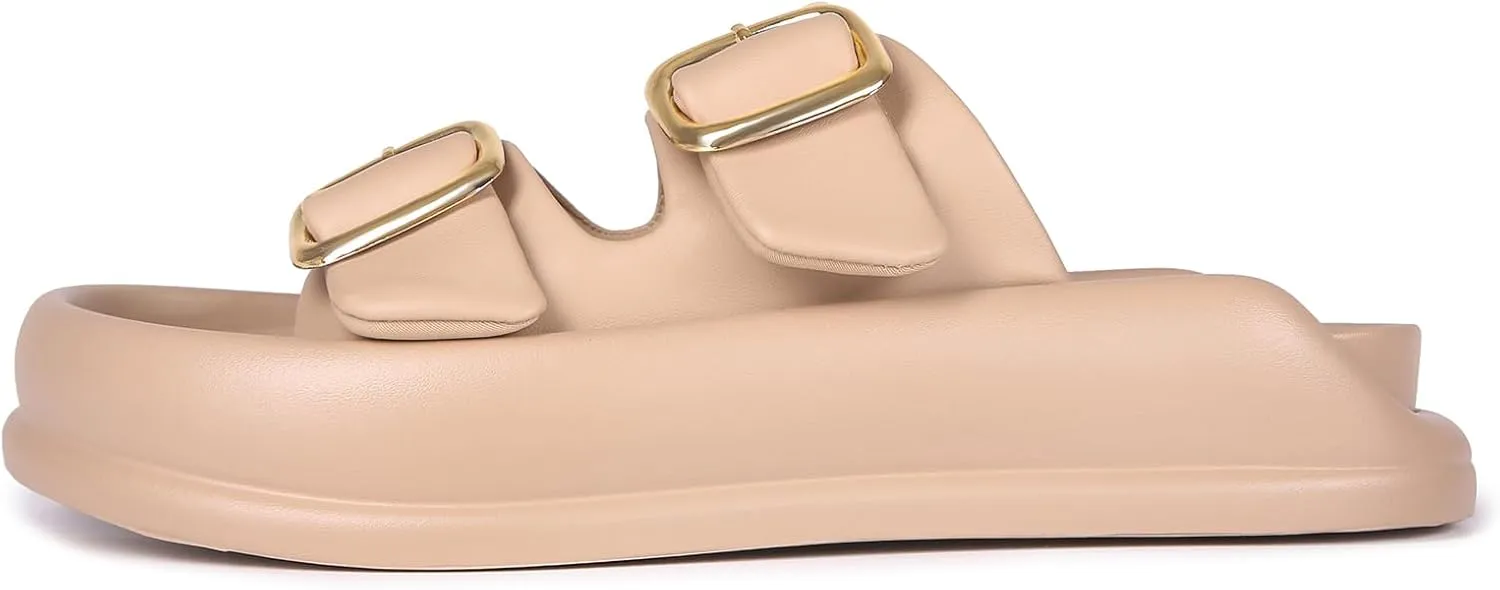 Women's Modern Minimalist Platform Sandals with Gold Buckle, Casual Slip On, Lightweight Foam Slides, Comfortable and Stylish Women's Two Strap Slide Flat Sandals in Creamy Shades