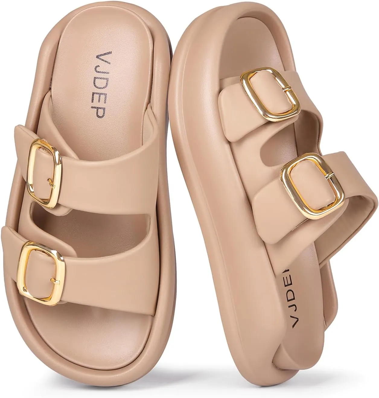 Women's Modern Minimalist Platform Sandals with Gold Buckle, Casual Slip On, Lightweight Foam Slides, Comfortable and Stylish Women's Two Strap Slide Flat Sandals in Creamy Shades