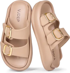 Women's Modern Minimalist Platform Sandals with Gold Buckle, Casual Slip On, Lightweight Foam Slides, Comfortable and Stylish Women's Two Strap Slide Flat Sandals in Creamy Shades