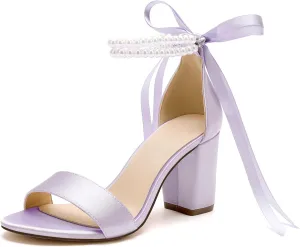 Women's Open Toe Pearl Wedding Shoes for Bride High Heels Sandals Satin Bridal Block Chunky Heels Ankle Strap Prom Evening Party Pumps
