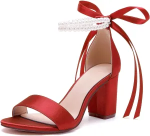 Women's Open Toe Pearl Wedding Shoes for Bride High Heels Sandals Satin Bridal Block Chunky Heels Ankle Strap Prom Evening Party Pumps