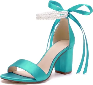 Women's Open Toe Pearl Wedding Shoes for Bride High Heels Sandals Satin Bridal Block Chunky Heels Ankle Strap Prom Evening Party Pumps