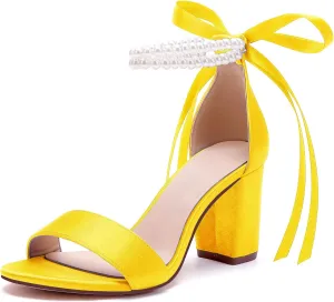 Women's Open Toe Pearl Wedding Shoes for Bride High Heels Sandals Satin Bridal Block Chunky Heels Ankle Strap Prom Evening Party Pumps