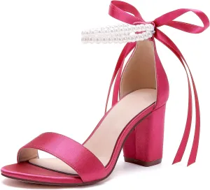 Women's Open Toe Pearl Wedding Shoes for Bride High Heels Sandals Satin Bridal Block Chunky Heels Ankle Strap Prom Evening Party Pumps
