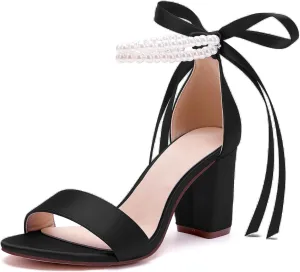 Women's Open Toe Pearl Wedding Shoes for Bride High Heels Sandals Satin Bridal Block Chunky Heels Ankle Strap Prom Evening Party Pumps