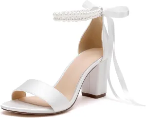 Women's Open Toe Pearl Wedding Shoes for Bride High Heels Sandals Satin Bridal Block Chunky Heels Ankle Strap Prom Evening Party Pumps