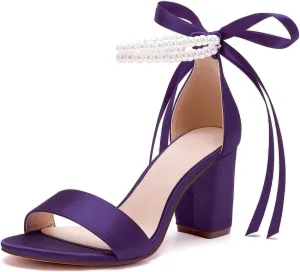 Women's Open Toe Pearl Wedding Shoes for Bride High Heels Sandals Satin Bridal Block Chunky Heels Ankle Strap Prom Evening Party Pumps