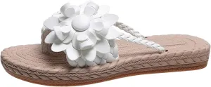 Women's Orthopedic Flower Flat Flip Flops 3D Stereoscopic Floral Design Shoes Decor Weave Detail Open Toe Slides Sandals Braided Pattern Summer Vacation Slip on Slide Sandal Beach Slipper