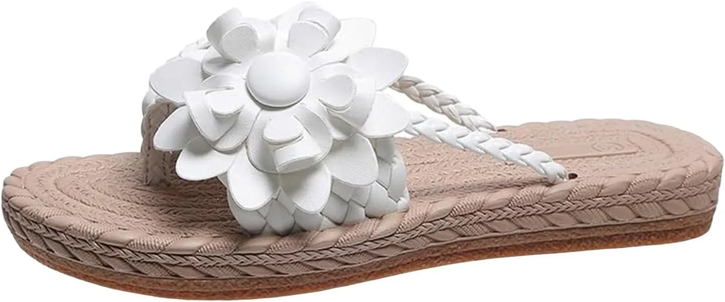 Women's Orthopedic Flower Flat Flip Flops 3D Stereoscopic Floral Design Shoes Decor Weave Detail Open Toe Slides Sandals Braided Pattern Summer Vacation Slip on Slide Sandal Beach Slipper