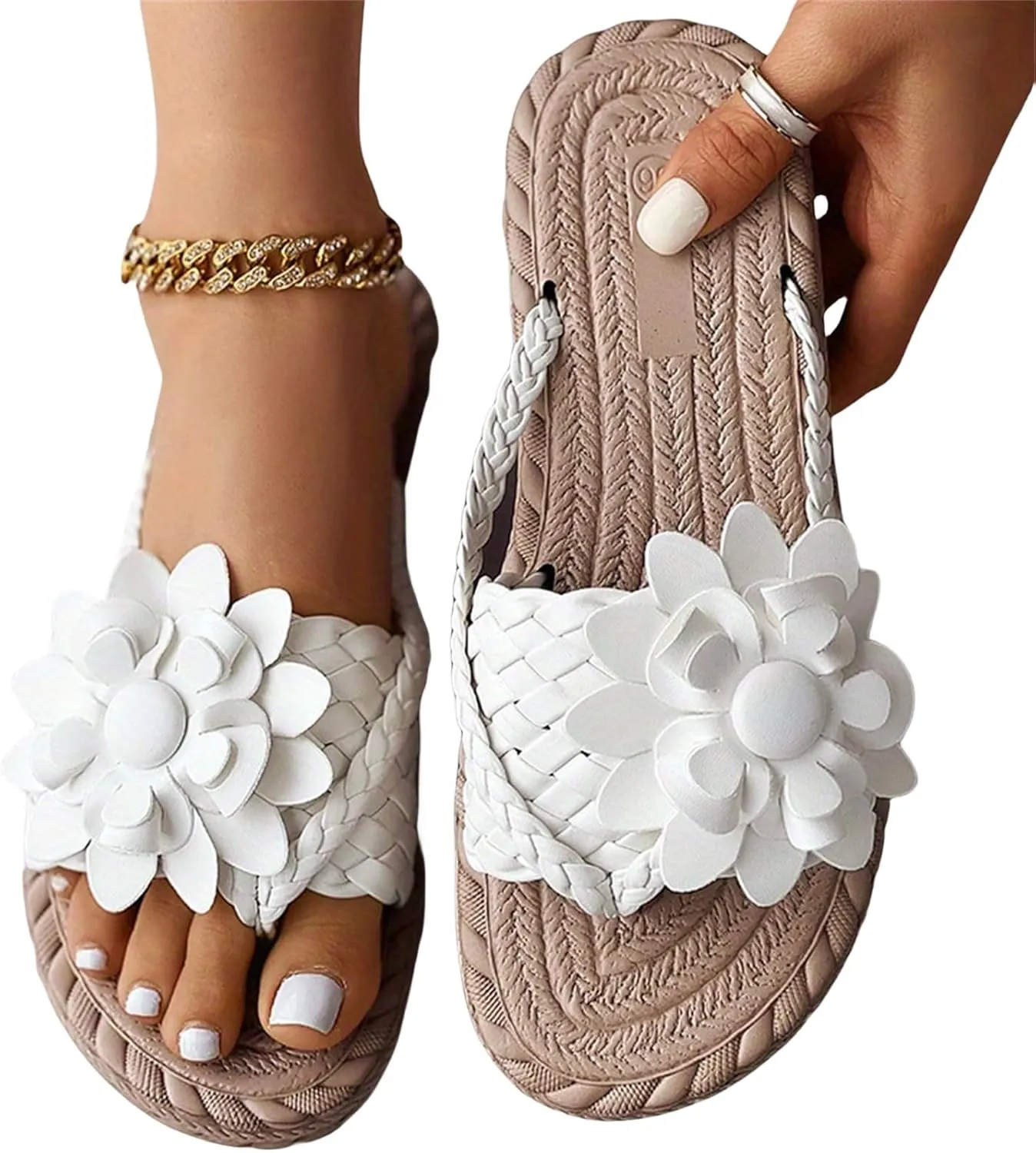 Women's Orthopedic Flower Flat Flip Flops 3D Stereoscopic Floral Design Shoes Decor Weave Detail Open Toe Slides Sandals Braided Pattern Summer Vacation Slip on Slide Sandal Beach Slipper